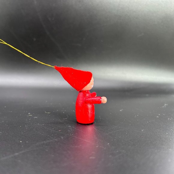 Gnome w/ Mustache & Hat Christmas Tree Ornament Red Wooden Hand Painted Taiwan - Picture 4 of 8